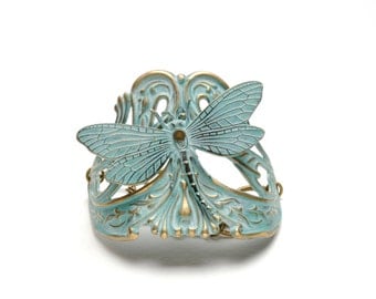 Dragonfly Bracelet Verdigris Cuff Bracelet Brass Cuff Verdigris Patina Jewelry Aqua Turquoise Steampunk Jewelry By Victorian Curiosities