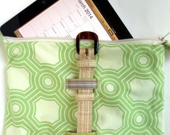 Garden Party Lime Green Bag for iPad, Kindle Fire HD and Nook HD Plus, with Woven Straw Strap