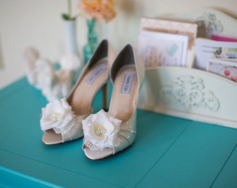 Wedding shoes peep toe low heel and high heel bridal shoes embellished with ivory French lace, white silk flower, crystals and pearls