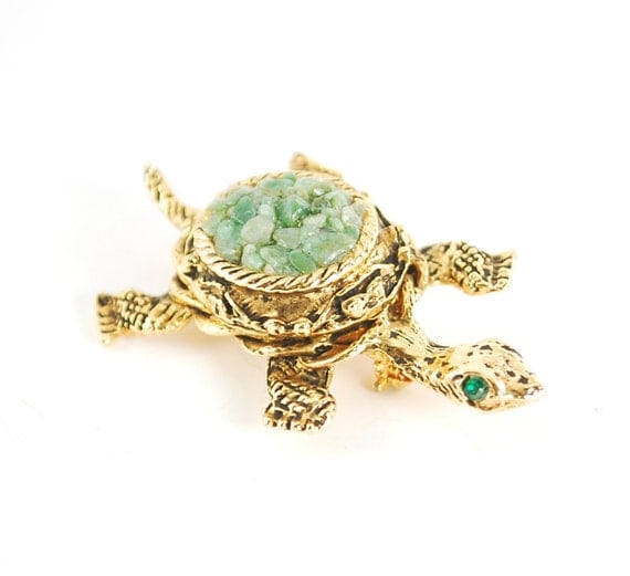 Vintage Gold Turtle Brooch Pin Faux Green Jade by RedGarnetVintage