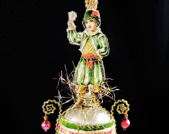 Victorian Christmas Ornament - Cheers! || Victorian ornament, handmade, vintage, antique, scrap, tinsel, wire wrapped