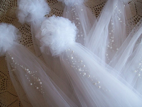 Pom Pew Bows Tulle and Pearl Bows Church Pew Pew Bows