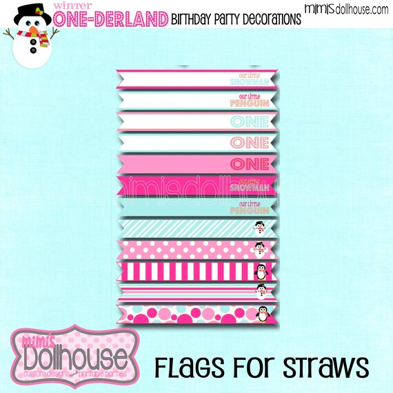 Winter One-derland Straw Flags Pink- Winter Straw Flags Pink-Winter Wonderland Straw Flags Pink-PDF Il_570xn