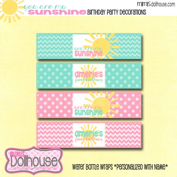 PERSONALIZED Sunshine Pink Teal Water Bottle Wraps-You Are My Sunshine Pink Teal Water Bottle Wraps-PDF Il_570xn