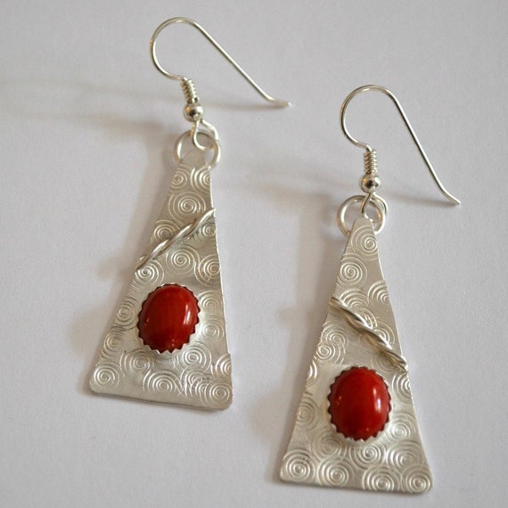 Sterling Silver And Red Coral Earrings Handcrafted