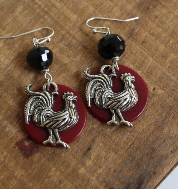 Items similar to Rooster Gamecock earrings in burgundy and black on Etsy