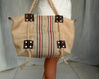 SALE 15% Burlap bag . Tote bag . Leather bag . Brown bag . Tote bag ...