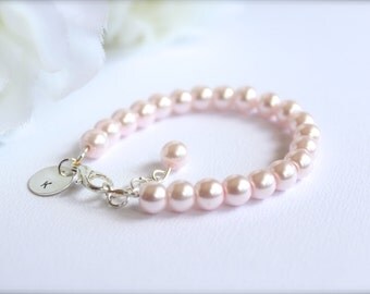 Sterling Silver Initial Hand Stamped Pearl Bracelet Monogram Personalized Baby Girl Gift, Flower Girl Gift - FREE Gift Packaging