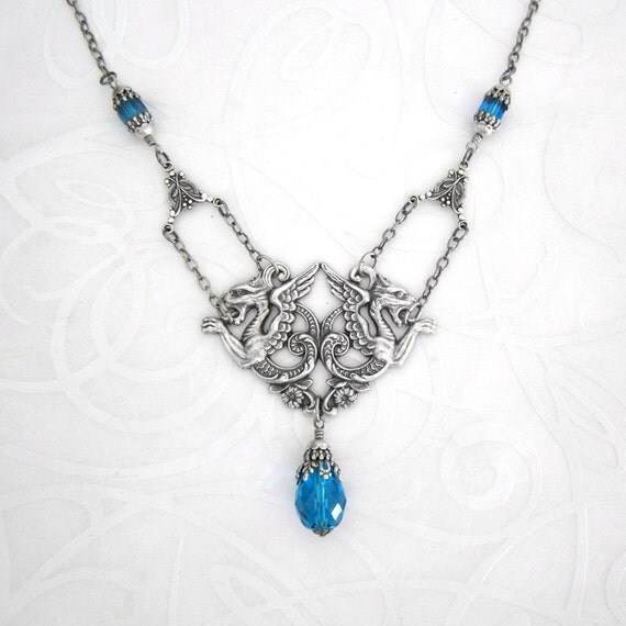 Dragon Necklace Fantasy Jewelry Bright Aqua Blue by ArxRosarum
