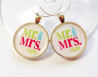 Wine Glass Charms, Mr Right, Mrs Right, barware, table setting, silver plate, Wedding Wine Charms, Wedding Favor