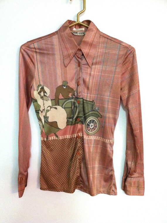 Items similar to Vintage 70s Nik Nik Button Down Shirt DISCO Blouse Roaring 20s Print HUCKAPOO