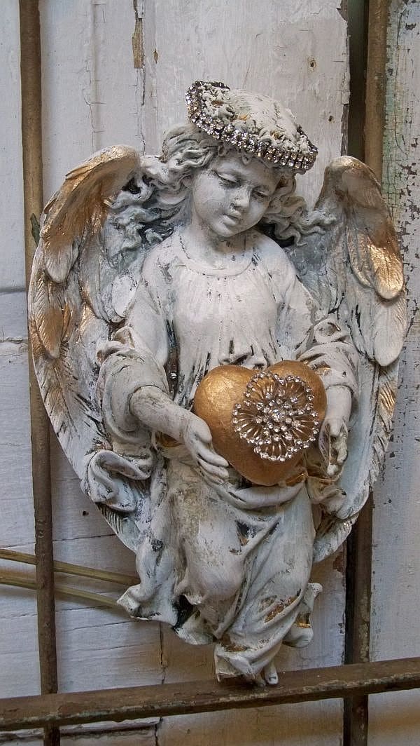 Angel Sculpture With Rhinestone Halo French Chic White