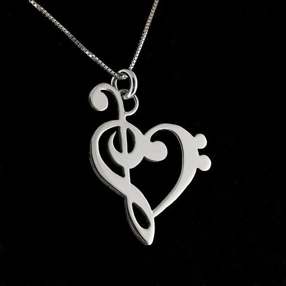 G clef bass clef heart Necklace silver music by Silversmith925