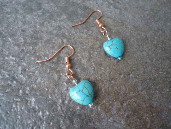 Dainty Minimalist Teal Turquoise Light Blue Magnasite Magnesite Stone Heart Copper Love Romantic Earrings