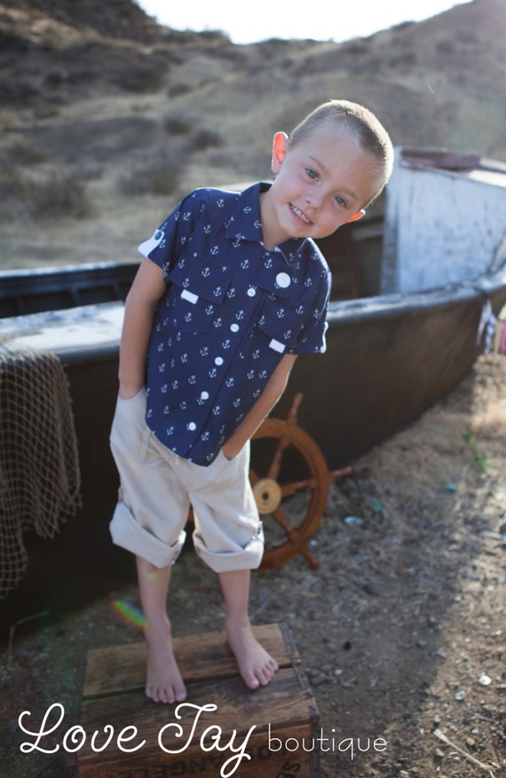 Boys nautical button up T-shirt "Navy Anchor" handmade boutique sizes 12-18month through 5T  ...Love Tay Boutique