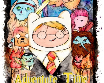 Poster Print Harry Potter Adventure Time Mashup inkjet print. Watercolor painting, fan art.