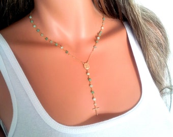 Pendant Rosary Chrysoprase 14kt pendant rosary e Goldfilled cross Cross Gemston    Necklace