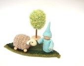 waldorf play set for kids - felted knitted mini playscape, gnome, sheep and green tree