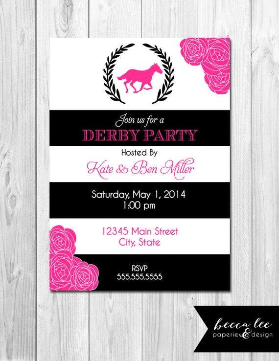 Derby Party Invitation - Pink Roses - Large Black & White Stripes - DIY - Printable Il_570xn