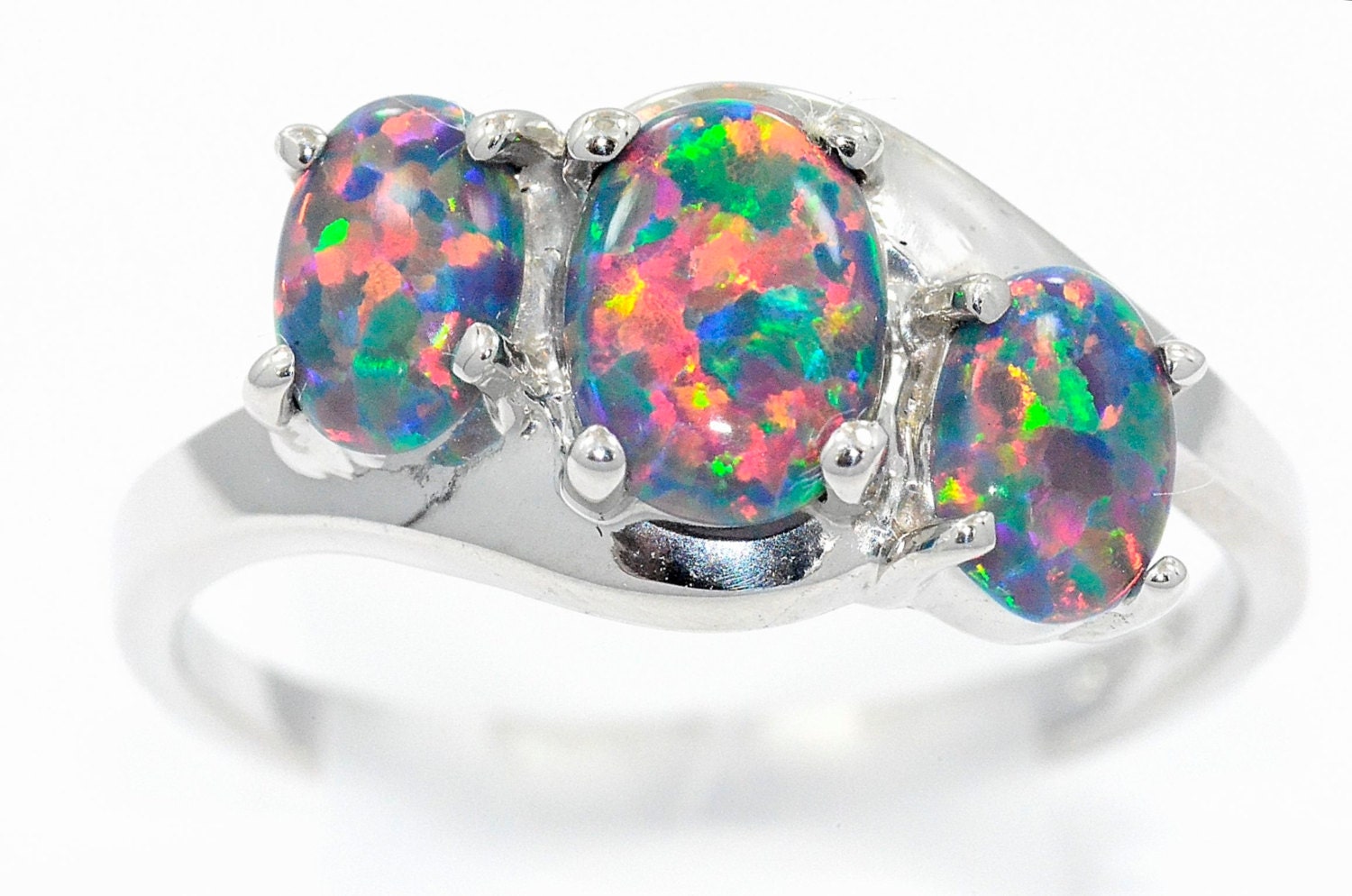 Black Opal Oval Ring .925 Sterling Silver Rhodium Finish