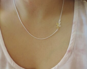 Gold + Silver Butterfly Necklace • 18K Gold with Sterling Silver Two-Toned 4 Butterflies Flying Up on the side • Bridesmaids Wedding Jewelry