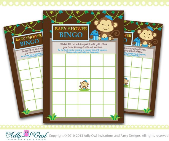 bingo cards shower baby monkey for Bingo Shower Boy Monkey  green Boy Games Monkey brown, Baby Baby a