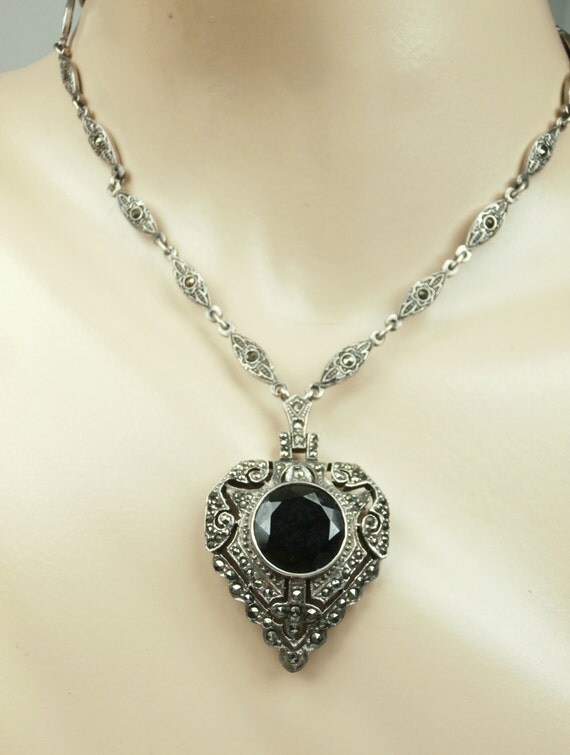 Art Deco Sterling Silver Black Onyx Marcasite Necklace