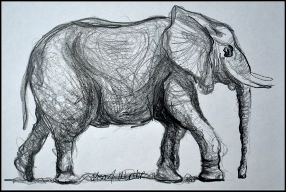 Items similar to Original Fine Art, Original Gestural Drawing, Elephant ...