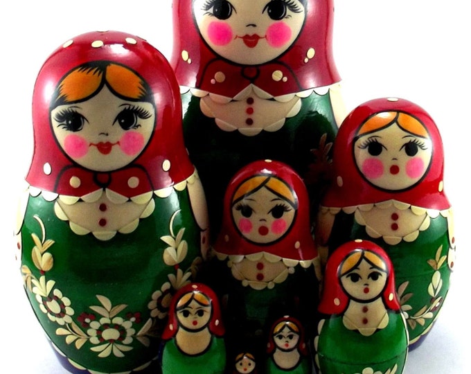 Nesting Dolls 10 pcs Russian matryoshka doll Authentic babushka set wooden stacking handpainted toy Birthday gift for mom Inlaid.