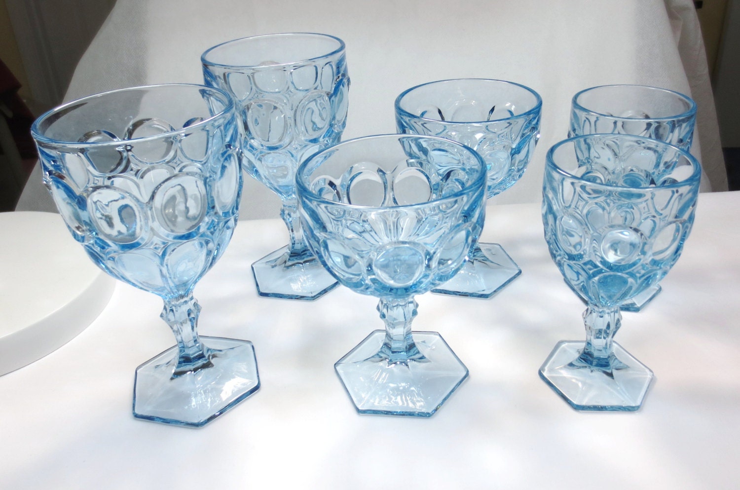 Fostoria Moonstone Fine Glassware Blue Cut Glass Goblets Six