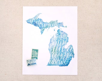Hand lettered Michigan art print, watercolor in blue, green / "if you seek a pleasant peninsula, look about you" / Christmas gift
