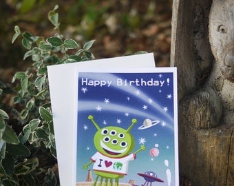 Alien Card , Alien Birthday Card, Space Card, Alien Art