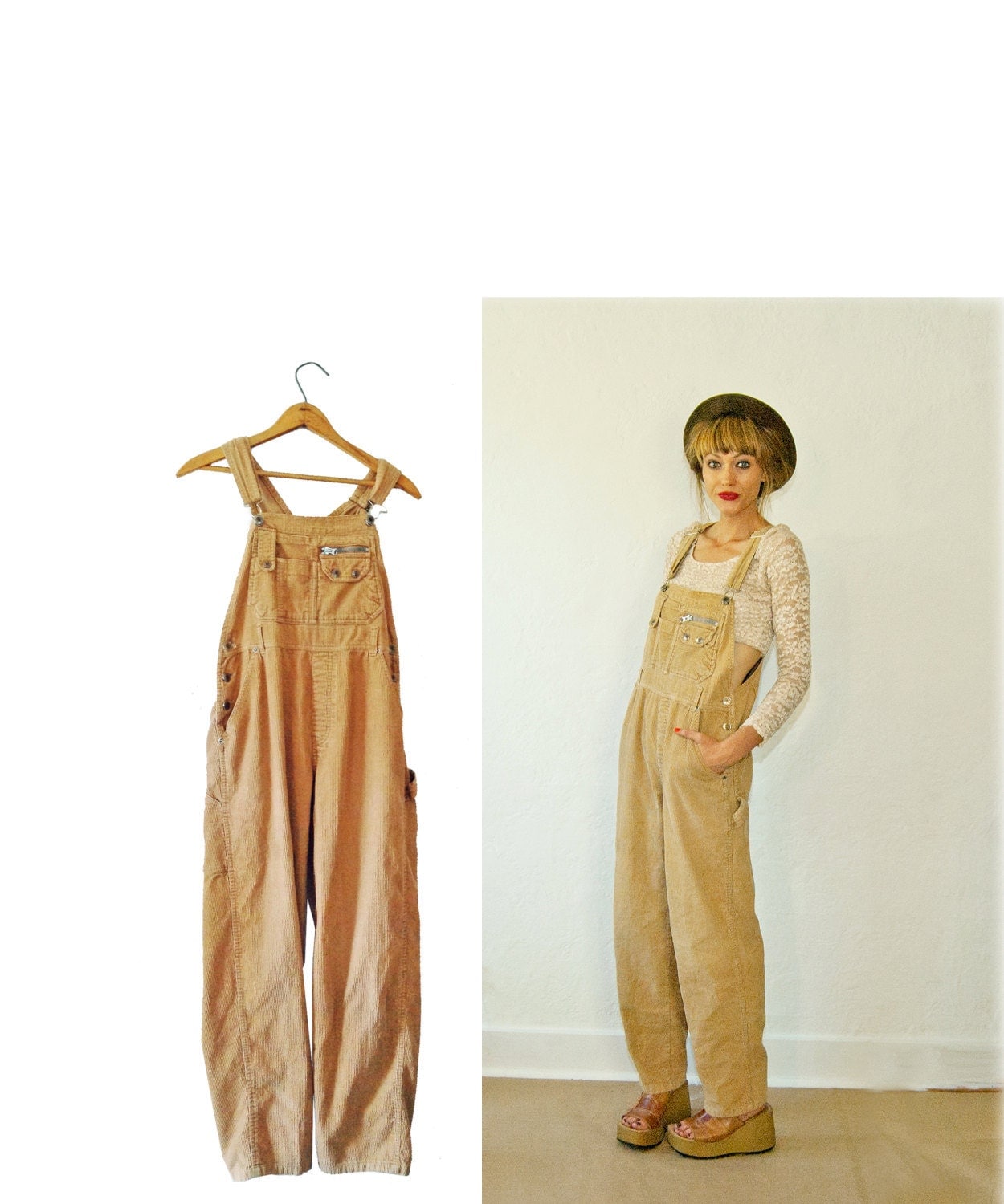 90s corduroy Overalls / Tan Khaki / Long Overalls / by Idlized