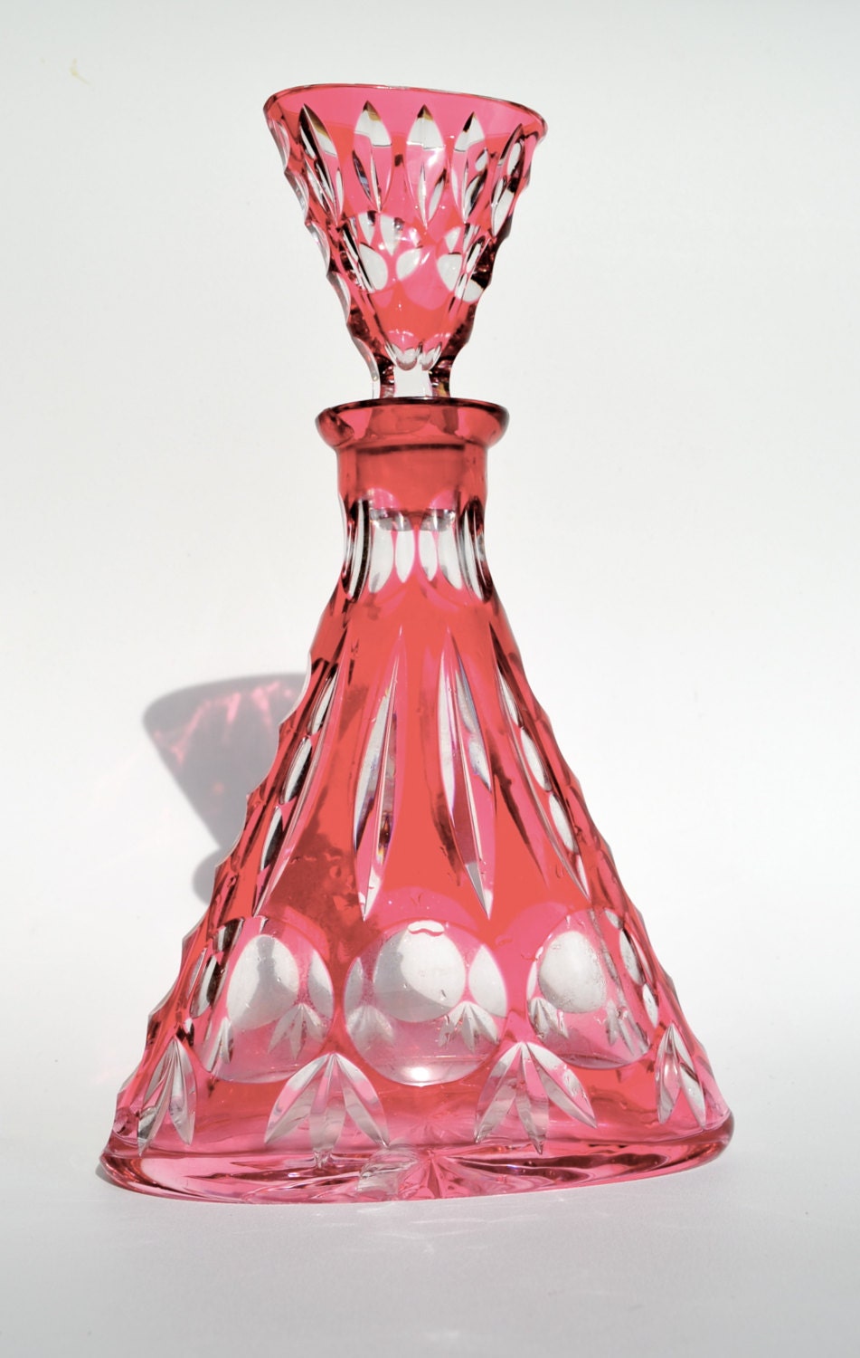 Bohemian Vintage Cut Crystal Red Decanter with Stopper that is