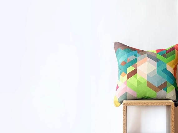 Khaki Geometric Pillow Cover with Lime Green, Teal, Brown, Gray, Pink Chevrons -  45cm Cushion - 18"x18" Cushion Cover