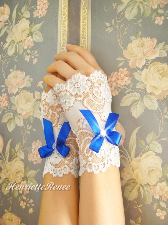 Blue Wedding Gloves Bridal Gloves with Blue Lace and Blue
