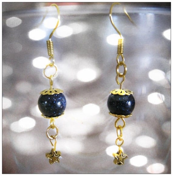 Handmade Gold Hook Earrings with Blue Goldstone & Star by IreneDesign2011