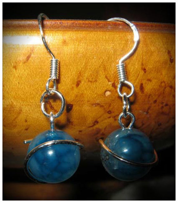 Handmade Silver Hook Earrings with Blue Vein Agate by IreneDesign2011