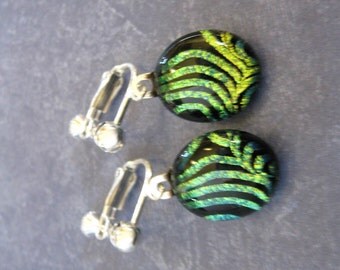 Dichroic Green Clip On Earings, Dangle Clipon Earrings, Green Jewelry, Fused Glass Jewelry, Screw Back - Leila - 2181-1