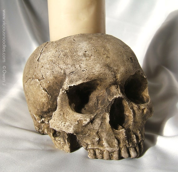 SKULL CANDLE HOLDER full size human skull candle holder made from plaster of Paris and painted for a weathered appearance