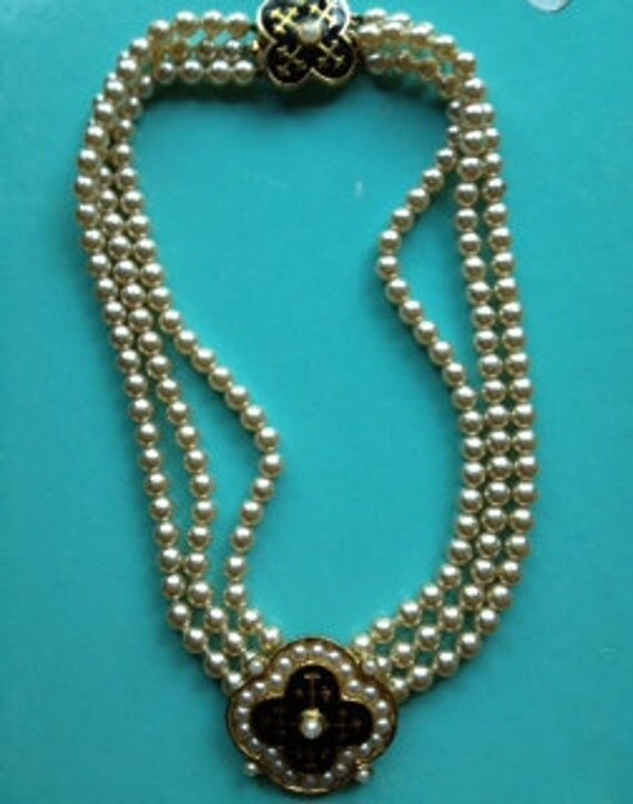 Butler & Wilson Black Floral Double Cross Medallion Necklace Pearls and Black Enamel