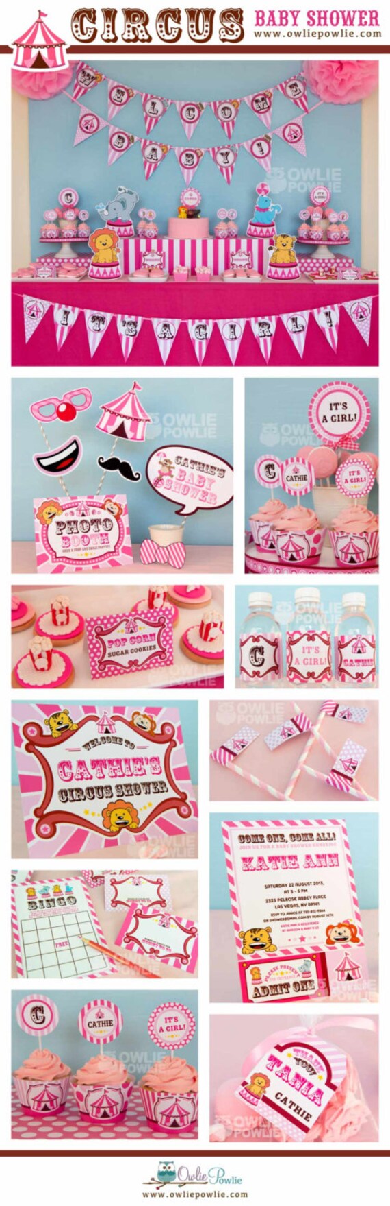 Vintage Pink Circus BABY Shower Party Printable Package & Invitation, INSTANT DOWNLOAD, You Edit Yourself with Adobe Reader Il_570xn