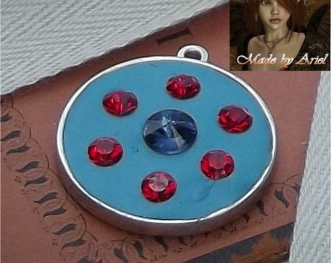 Antique Sterling Silver Plate Pendant made in Turquoise Blue Crystal Clay with Blue and Red Crystals ANIME OOAK
