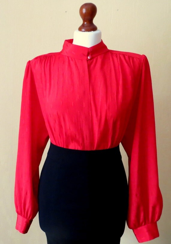 Items similar to Vintage bright red shoulder pad blouse, stand up ...