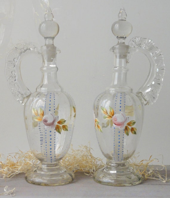 Vintage Glass Decanters Ewers Bohemian Hand Blown Painted