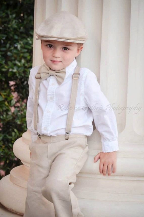 Linen Ring Bearer Outfit, 4 Piece Set, Ring Bearer Bowtie, Suspenders, Newsboy hat and Pants. Wedding Outfit for Ringbearer