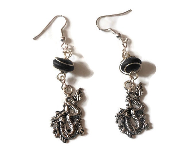 Wire wrapped dragon earrings of Tibetan silver handmade with silver plated wire and caged black frosted glass beads