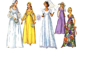 Simplicity 9260 Sewing Pattern 1970s Boho Hippie Wedding Gown Bride Bridesmaid Dress Fitted Bodice Blouson Puff Sleeves Bust 32 Uncut