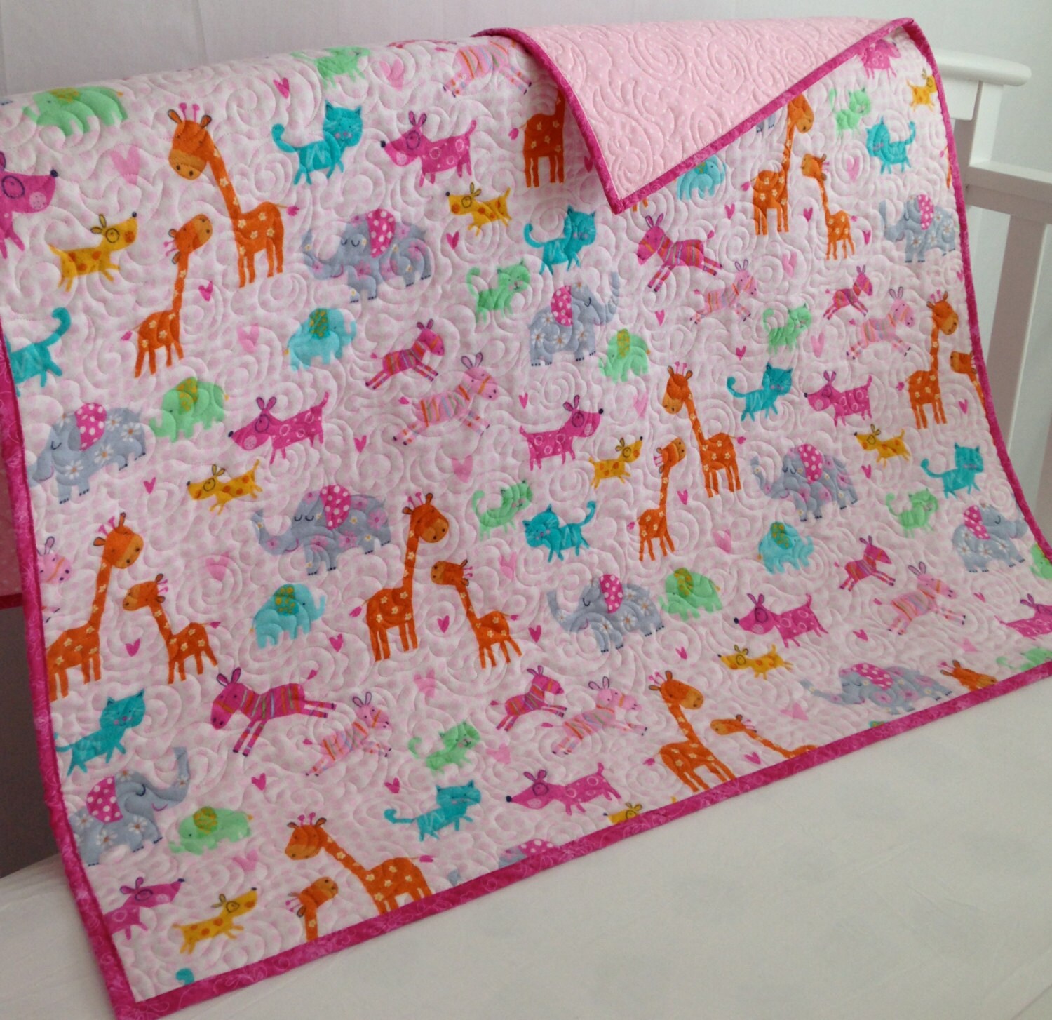 Whole Cloth Baby Quilt with Baby Animals Pink