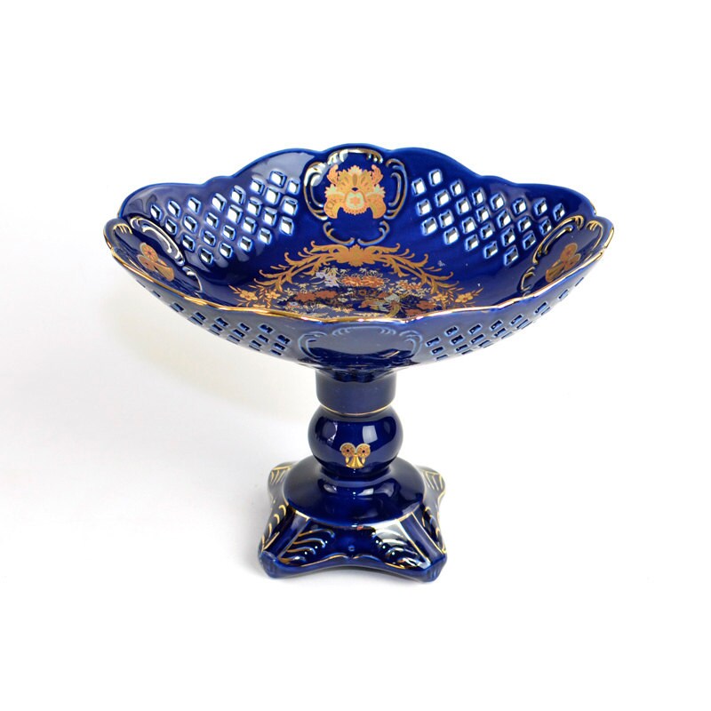 Cobalt Blue Porcelain Compote Pedestal Bowl Traditional